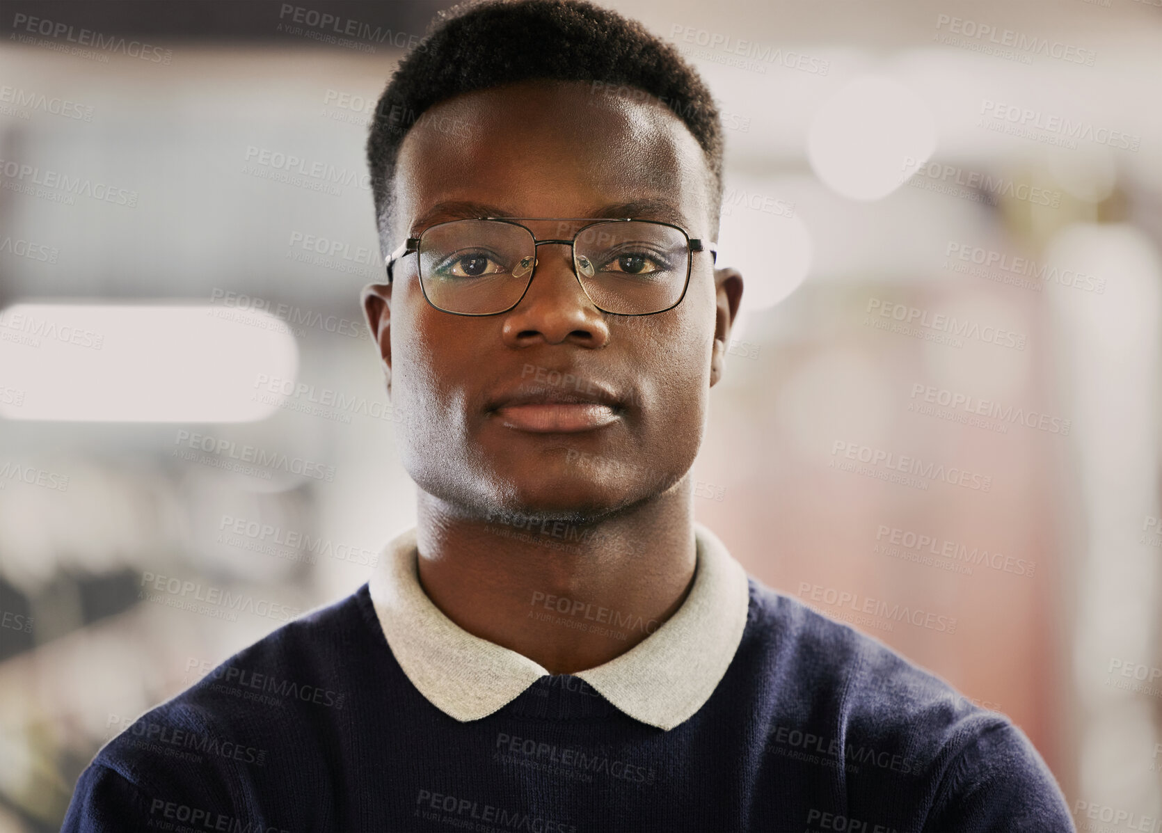 Buy stock photo Student, university and portrait of black man on campus for learning, education and vision for future career. Face of African person in library with glasses for research, school project and studying