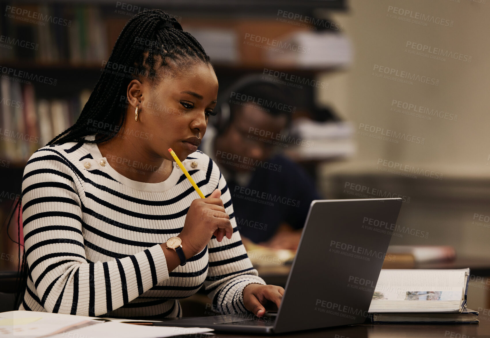 Buy stock photo Student, woman and thinking on laptop in library for studying, research and university ideas or focus. Young african person on computer for reading and e learning goals, education or online planning