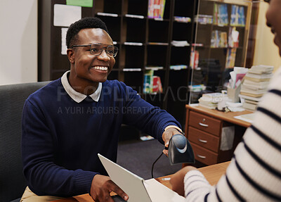 Buy stock photo Happy librarian man, scan books and help desk for learning, knowledge and administration with technology. African people, library employee and receptionist for study, information and education