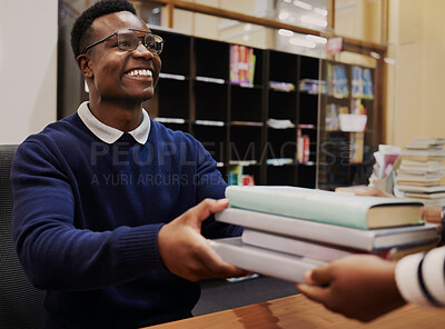 Buy stock photo Librarian man, reception desk and books with smile, learning or hands for care, knowledge or administration. People, library employee or secretary for study, info or staff for education at university