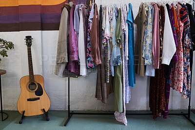 Buy stock photo Fashion, retail and hipster clothes in store for shopping choice, decision and option in boutique. Designer, rack and display of clothing, material and textile products for sale, deal and discount