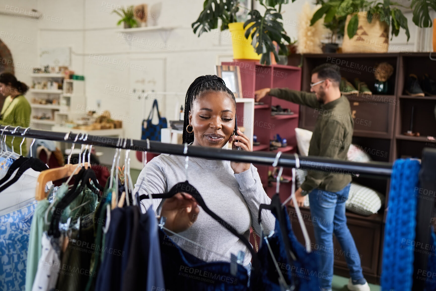 Buy stock photo Shopping, woman and phone call for fashion talk at a retail store with sale or discount. Black person or happy customer on a smartphone for product choice, promotion or communication in a boutique 