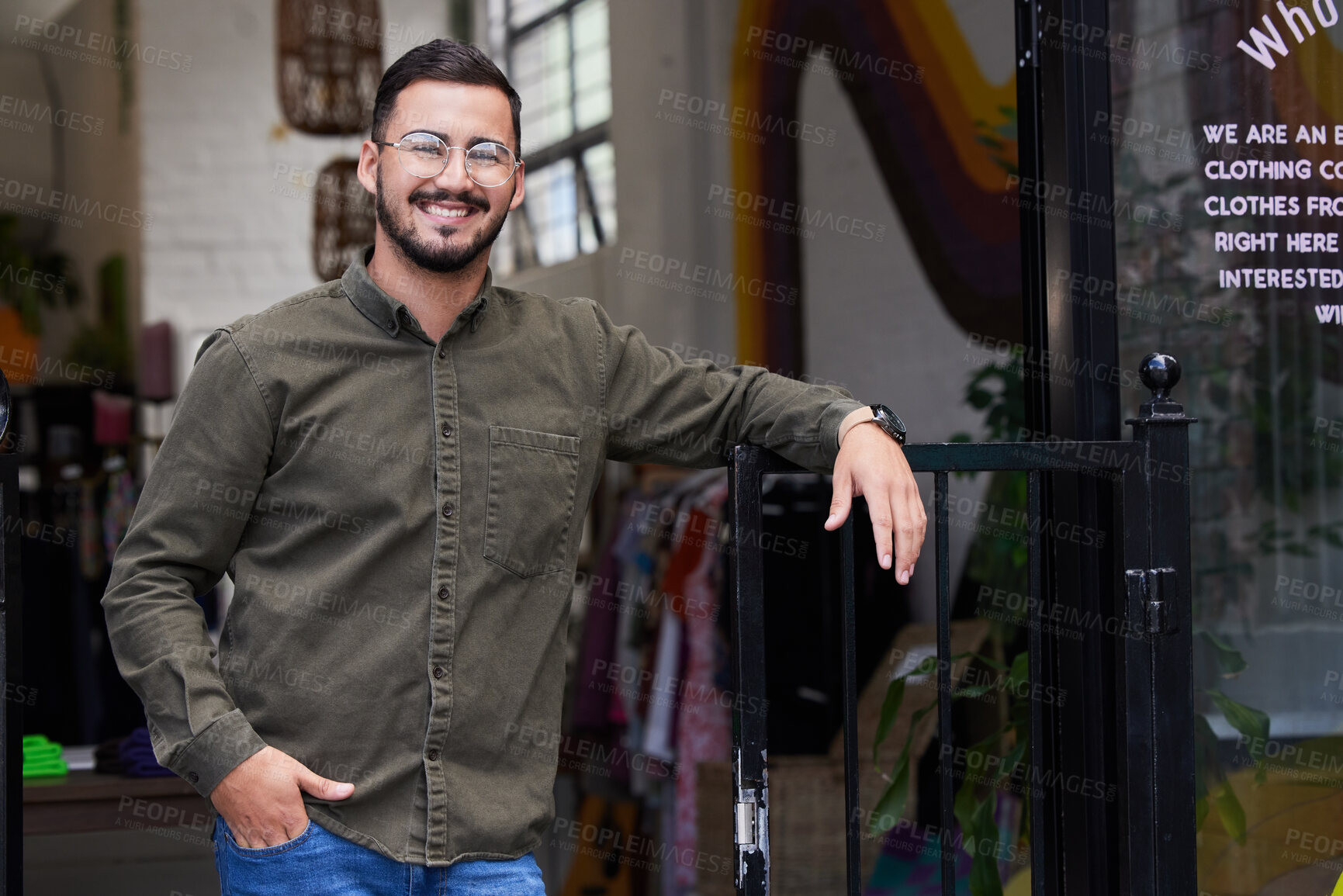 Buy stock photo Happy, man or portrait in clothes store, fashion workshop or thrift shop in owner pride. Smile, confident or professional designer in clothing small business, retail and second hand donation industry