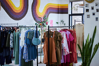 Buy stock photo Fashion, retail and clothes in store for shopping choice, decision and option in boutique. Luxury designs, rack and display of clothing, material and textile products for sale, deal and discount