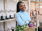 Black woman, portrait and shopping basket with vegetables, healthy food and diet produce in local grocery store. Smile, face and African customer or nutritionist in retail supermarket for fruit sales