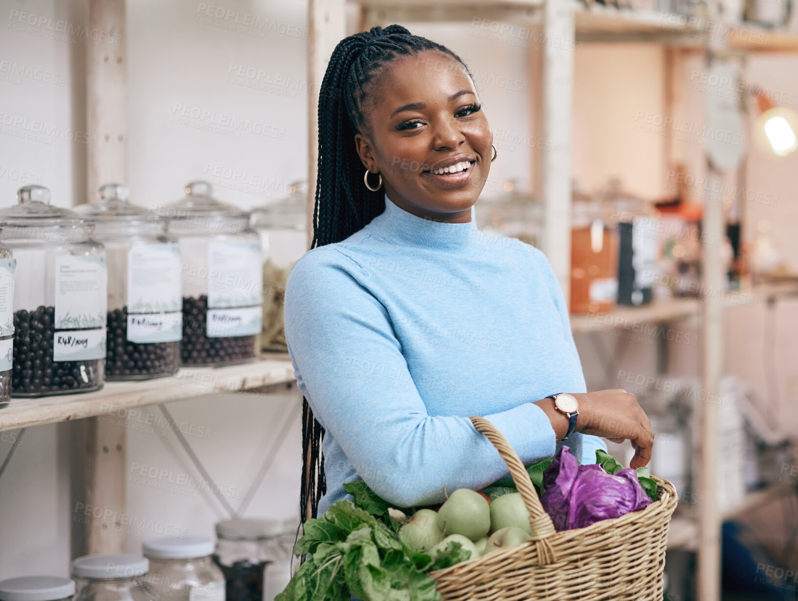 Buy stock photo Black woman, portrait and shopping basket with vegetables, healthy food and diet produce in local grocery store. Smile, face and African customer or nutritionist in retail supermarket for fruit sales