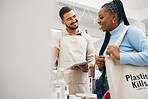 Man, black woman and eco friendly grocery store shopping bag with commitment to climate change at sustainable small business. Recycling, plastic kills logo and people at supermarket with sales choice