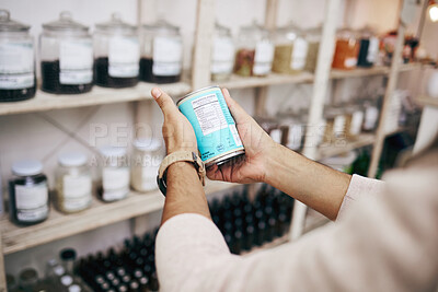 Buy stock photo Hands, shopping and reading grocery label in store for healthy food, diet and can tin information. Research, person and nutritionist customer with supermarket choice, decision or product ingredients