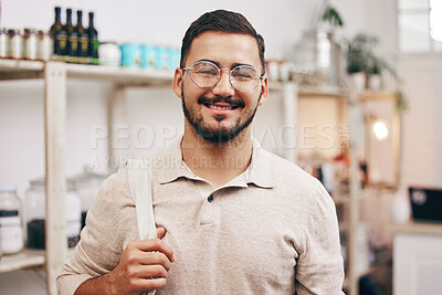 Buy stock photo Man, portrait and shopping in local grocery store for healthy food, nutrition and wellness product sales. Smile, face and customer nutritionist in Iran supermarket for retail purchase, buying or deal