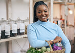 Black woman, face and shopping basket with vegetables, healthy food and diet produce in local grocery store. Smile, portrait and African customer or nutritionist in retail supermarket for fruit sales