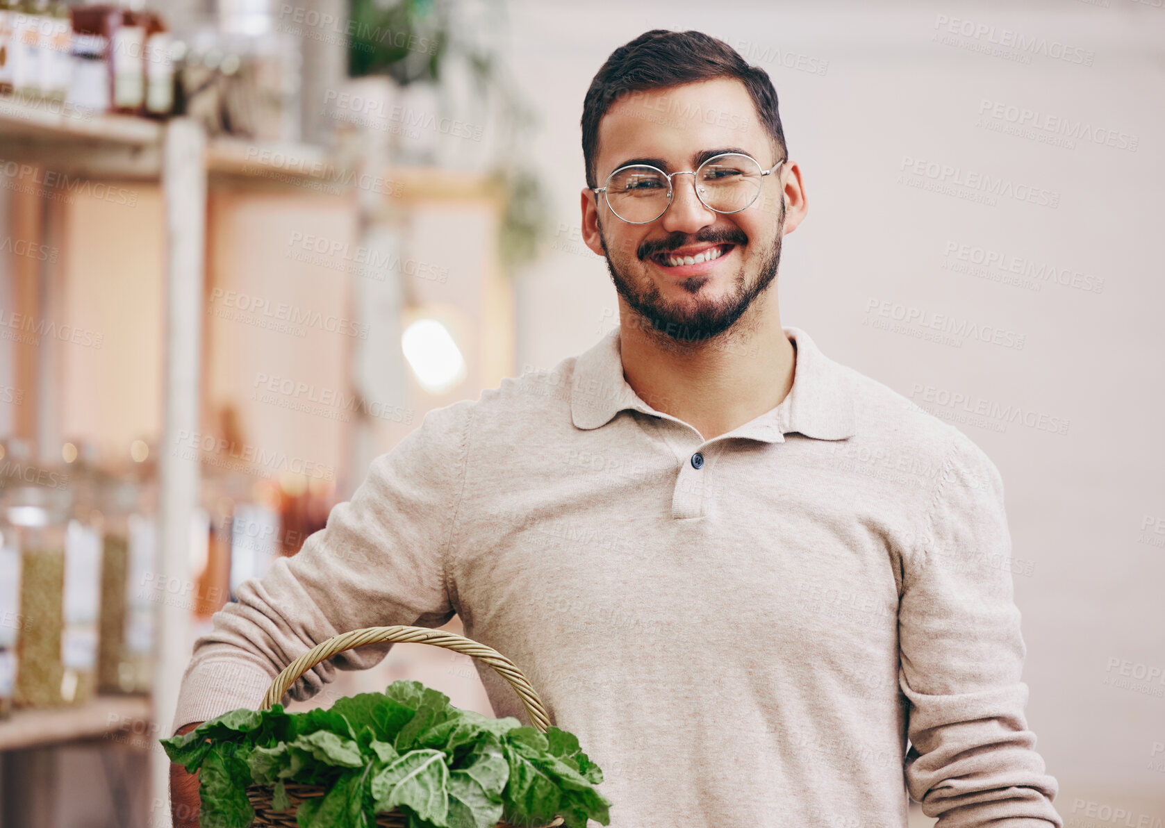 Buy stock photo Man, shop and small business for portrait, vegetables and happy for service, help and sales with pride at company. Young entrepreneur, store and basket for product, leaves and groceries in Rome