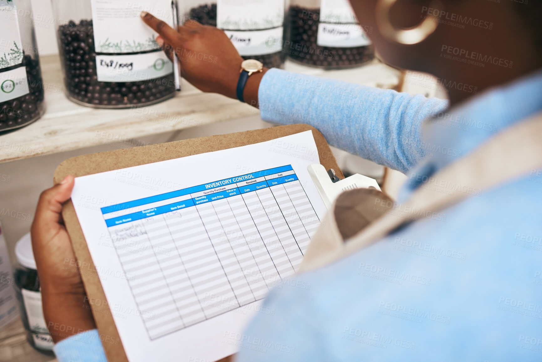 Buy stock photo Quality control, woman hand and inventory paperwork for a survey of food and produce in store. Notes, female person with checklist for inspection, maintenance document and retail shop monitoring