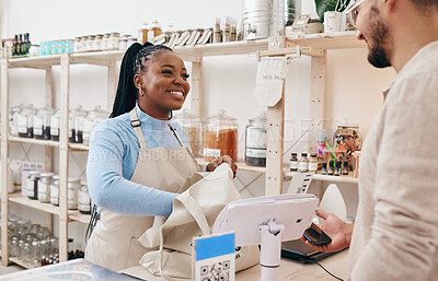 Buy stock photo Sustainable shop, cashier and client with store purchase, woman and customer service with small business. Smile, entrepreneur and African person with retail employee and shopping with credit card