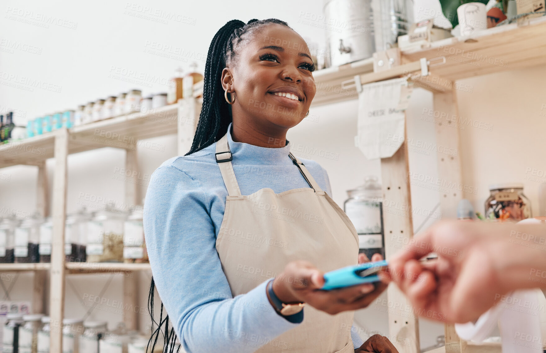 Buy stock photo Sustainable shop, woman cashier and credit card with store and electronic transaction with small business. Worker smile, entrepreneur and happy African person with retail employee and shopping pay