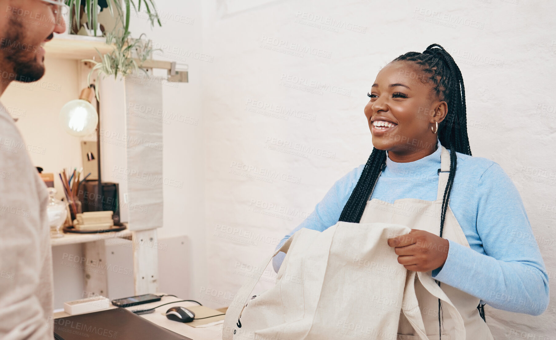 Buy stock photo Sustainable shop, cashier bag and client with store purchase, woman and customer service with small business. Smile, entrepreneur and African person with retail employee and shopping with credit card