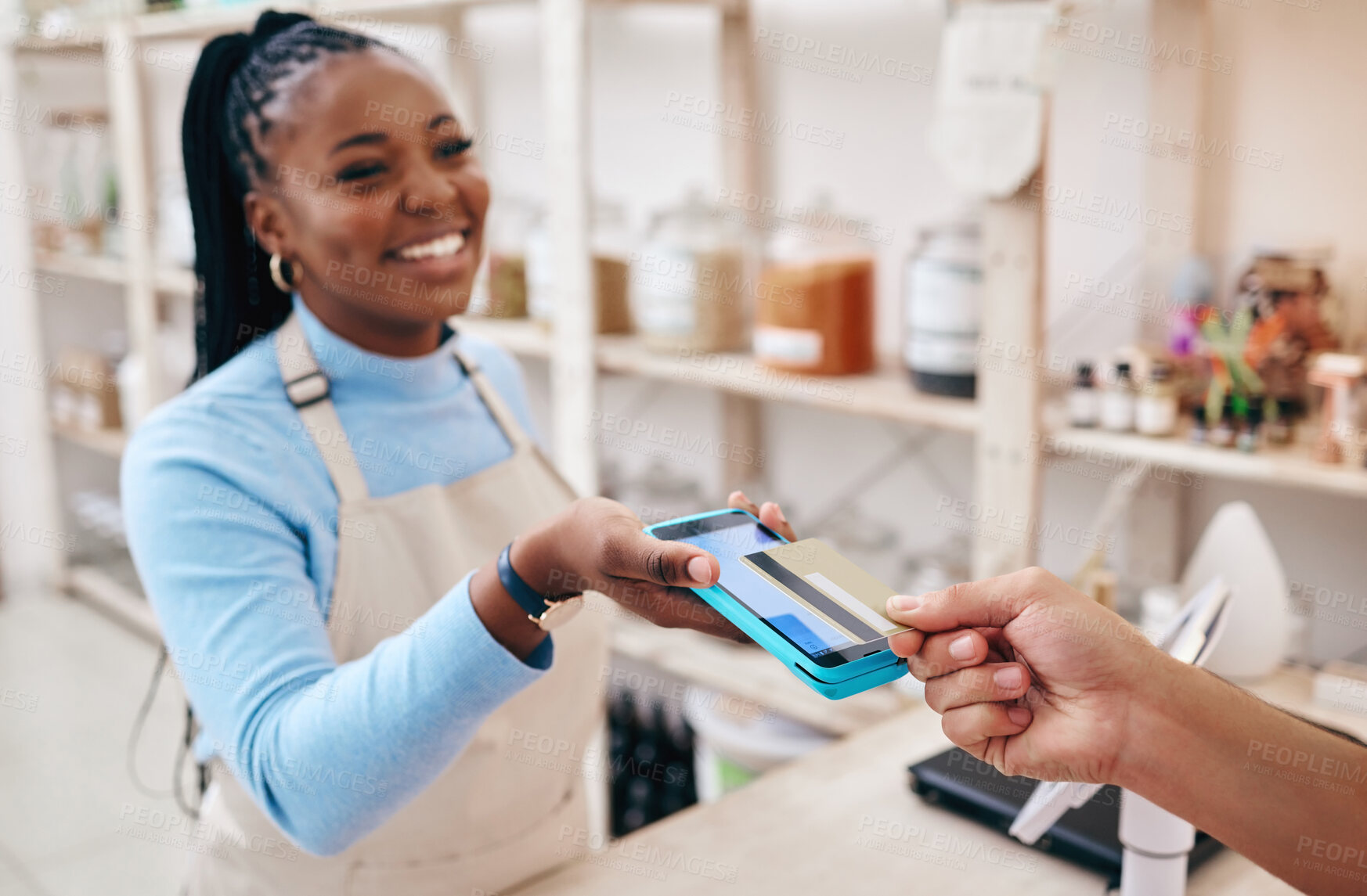 Buy stock photo Sustainable shop, cashier and credit card tap with store, woman and electronic transaction with small business. Worker smile, entrepreneur and happy African person with retail employee and shopping