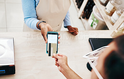 Buy stock photo Credit card, store payment and above hand with cashier, machine and transaction in a retail shop. People, ecommerce and shopping with electronic pay, fintech and customer with purchase and tech