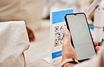 Hands, phone and store to scan qr code for payment, trading or cybersecurity with fintech, service or sale. Person, blank smartphone and mockup space for logo, promotion or branding in grocery shop