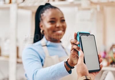 Buy stock photo Fintech, black woman and payment with smartphone screen, finance or service with cashless transaction. Business, shop assistant or cashier with machine, cellphone or technology with service or buying