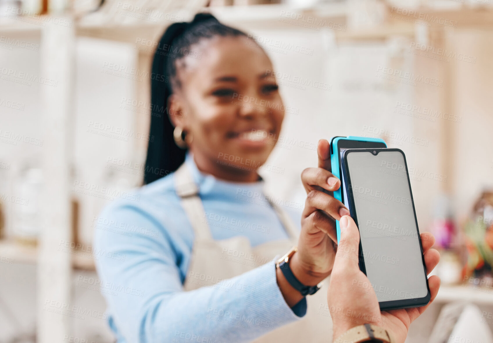 Buy stock photo Fintech, black woman and payment with smartphone screen, finance or service with cashless transaction. Business, shop assistant or cashier with machine, cellphone or technology with service or buying