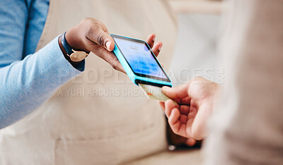 Buy stock photo Credit card, store sale and hand with cashier, machine and transaction in a retail shop. People, ecommerce and shopping with electronic pay, fintech and customer with payment and financial tech