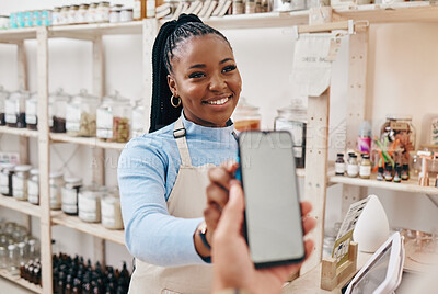 Buy stock photo Customer, black woman and payment with smartphone screen, finance and machine for transaction in a store. Business, shop assistant and employee with client, cellphone and technology with service