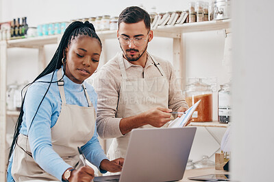 Buy stock photo Grocery store, staff and inventory checklist with laptop at a sustainable small business. Workers, stock information and retail management planning in eco friendly and fair trade shop with employees