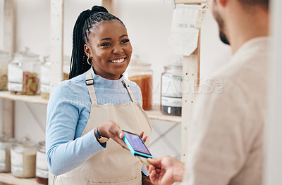 Buy stock photo Sustainable shop, woman payment and credit card with store and electronic transaction with small business. Worker smile, entrepreneur and happy African person with retail employee and shopping pay