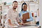 Grocery store, staff portrait and inventory checklist for a sustainable small business. Workers, job notes and retail management planning in eco friendly and fair trade shop with happy employees