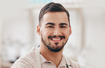 Buy stock photo Man, shop and small business for portrait, apron and happy for service, help and sales with pride at company. Young entrepreneur, store and smile on face for trading, success or restaurant in Rome