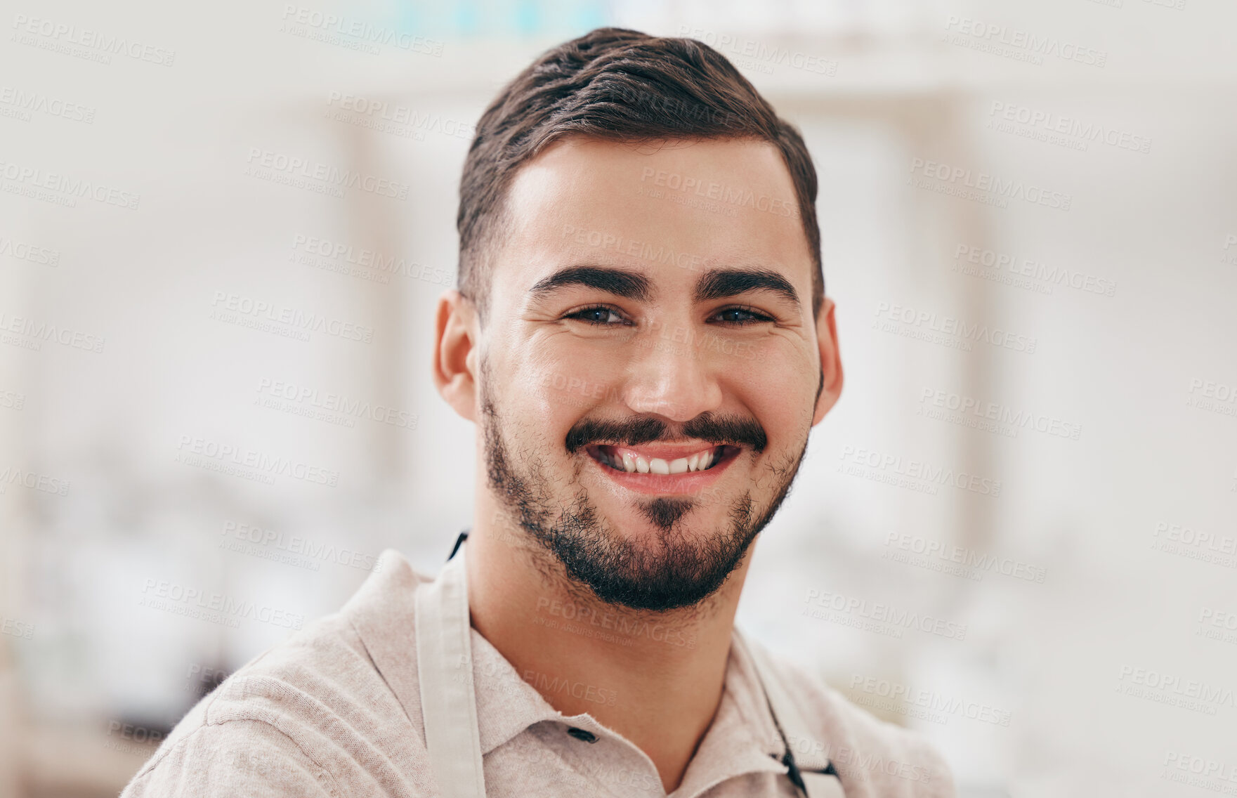 Buy stock photo Man, shop and small business for portrait, apron and happy for service, help and sales with pride at company. Young entrepreneur, store and smile on face for trading, success or restaurant in Rome