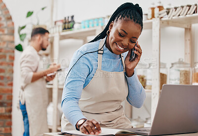 Buy stock photo Black woman, cashier and phone call with networking and inventory check for retail store. Happy, shop management and mobile with communication and discussion about small business and supply chain