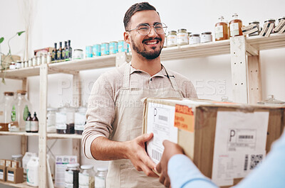 Buy stock photo Man, small business and store with box delivery, smile and reception for supply chain, product and commerce. Young entrepreneur, cardboard package and happy for courier service in sustainable shop