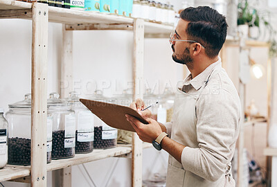 Buy stock photo Grocery store, small business and man with checklist for inventory, healthy food and sales report. Clipboard, stock list and manager at sustainable supermarket with eco friendly groceries on shelf.