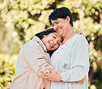 Mom, woman and portrait of hug in garden with love and happiness on mothers day or bonding with mother in retirement. Happy, family and embrace outdoor, backyard or together on holiday or vacation