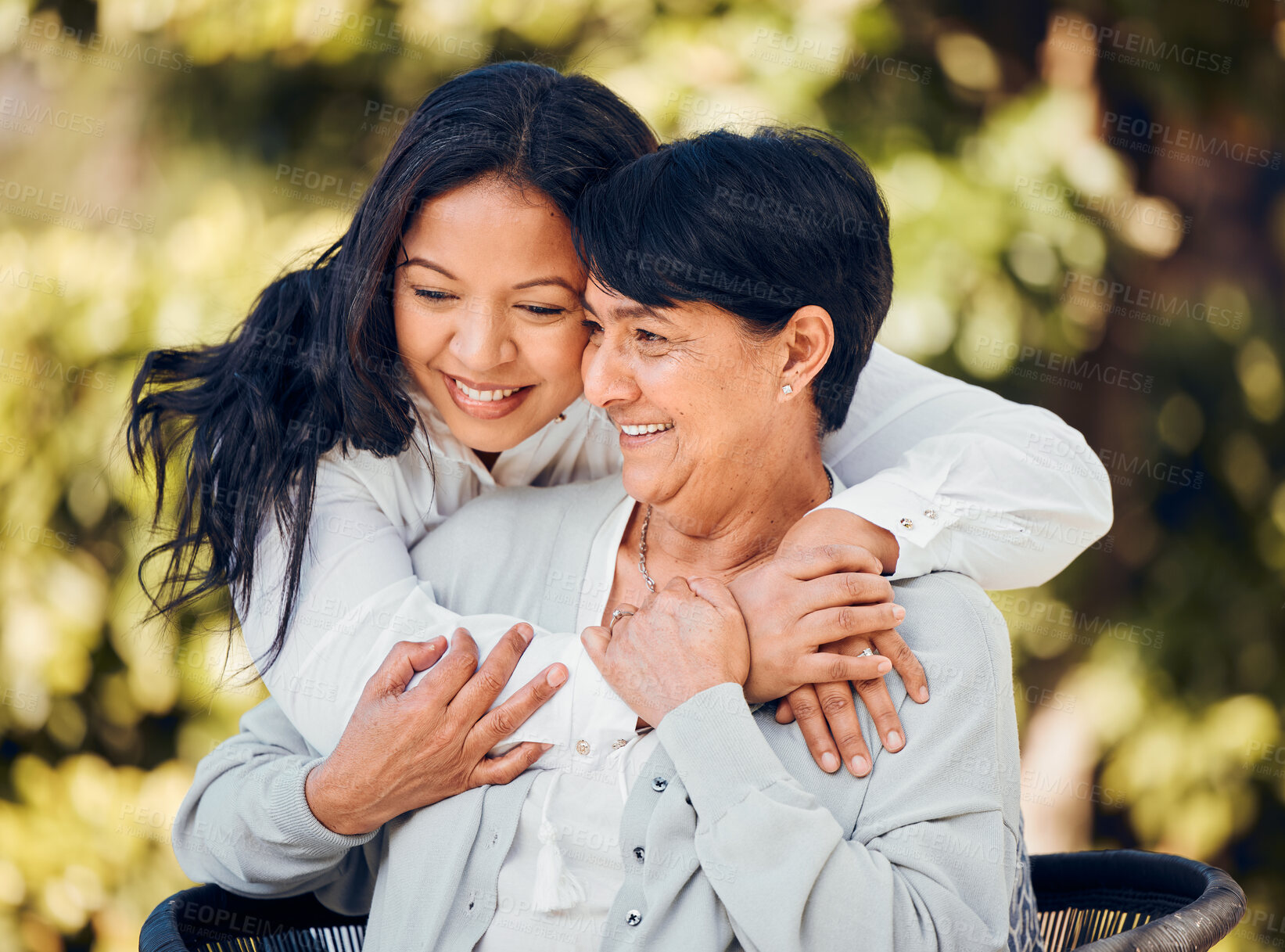 Buy stock photo Woman, hug and mature mother in garden with love on mothers day or women bonding with care for mom in retirement. Happy, family and embrace outdoor, backyard or together on holiday or vacation