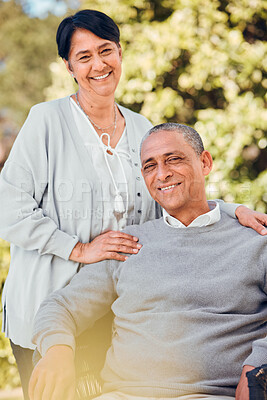 Buy stock photo Senior couple outdoor, love and smile, support and trust with bonding and marriage. Life partner, retirement together and romance, people in garden or park portrait with healthy relationship and care