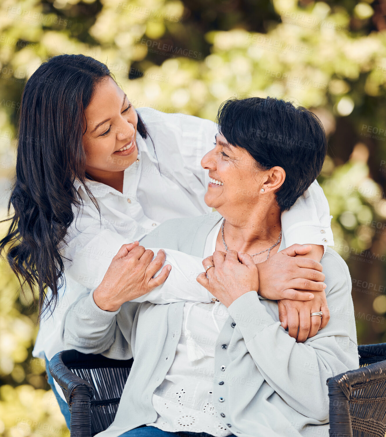 Buy stock photo Woman, mature mother and hug in garden with love on mothers day or women bonding with care for mom in retirement. Happy, family and embrace in outdoor, backyard or together on holiday or vacation