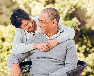 Buy stock photo Mature couple outdoor, hug and love with smile, support and trust with bonding and marriage. Life partner, retirement together and romance, people in garden or park with healthy relationship and care