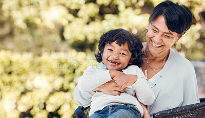 Buy stock photo Boy, laughing and mature woman in park for bonding, support and summer break in Mexico nature. Kid, happy or funny child with grandmother on garden bench for love, trust and together in backyard hug