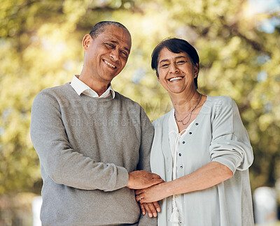 Buy stock photo Portrait, outdoor and senior couple holding hands, love and smile with support, relationship and romance. Marriage, old man and mature woman in a park, loving together and retirement with bonding