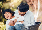 Boy, laughing or grandmother portrait in park for bonding, support or summer break in Mexico nature. Kid, funny or child with mature woman on garden bench for love, trust and together in backyard hug