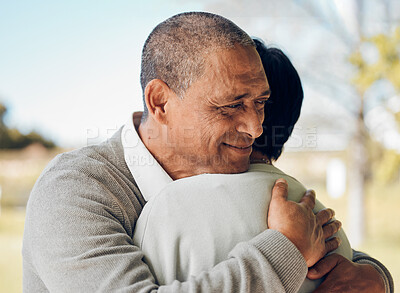 Buy stock photo Mature couple hug in park, love and support, trust with bonding and marriage while outdoor. Life partner, retirement together and romance, people in garden with healthy relationship and care