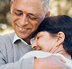 Hug, outdoor and senior couple with love, smile and support with romance, bonding or relationship. Marriage, old man or elderly woman embrace, romantic or retirement with happiness or loving together