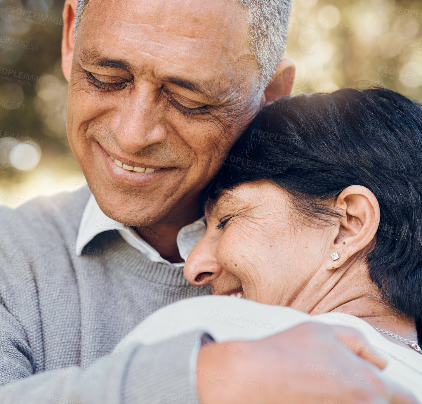 Buy stock photo Hug, outdoor and senior couple with love, smile and support with romance, bonding or relationship. Marriage, old man or elderly woman embrace, romantic or retirement with happiness or loving together