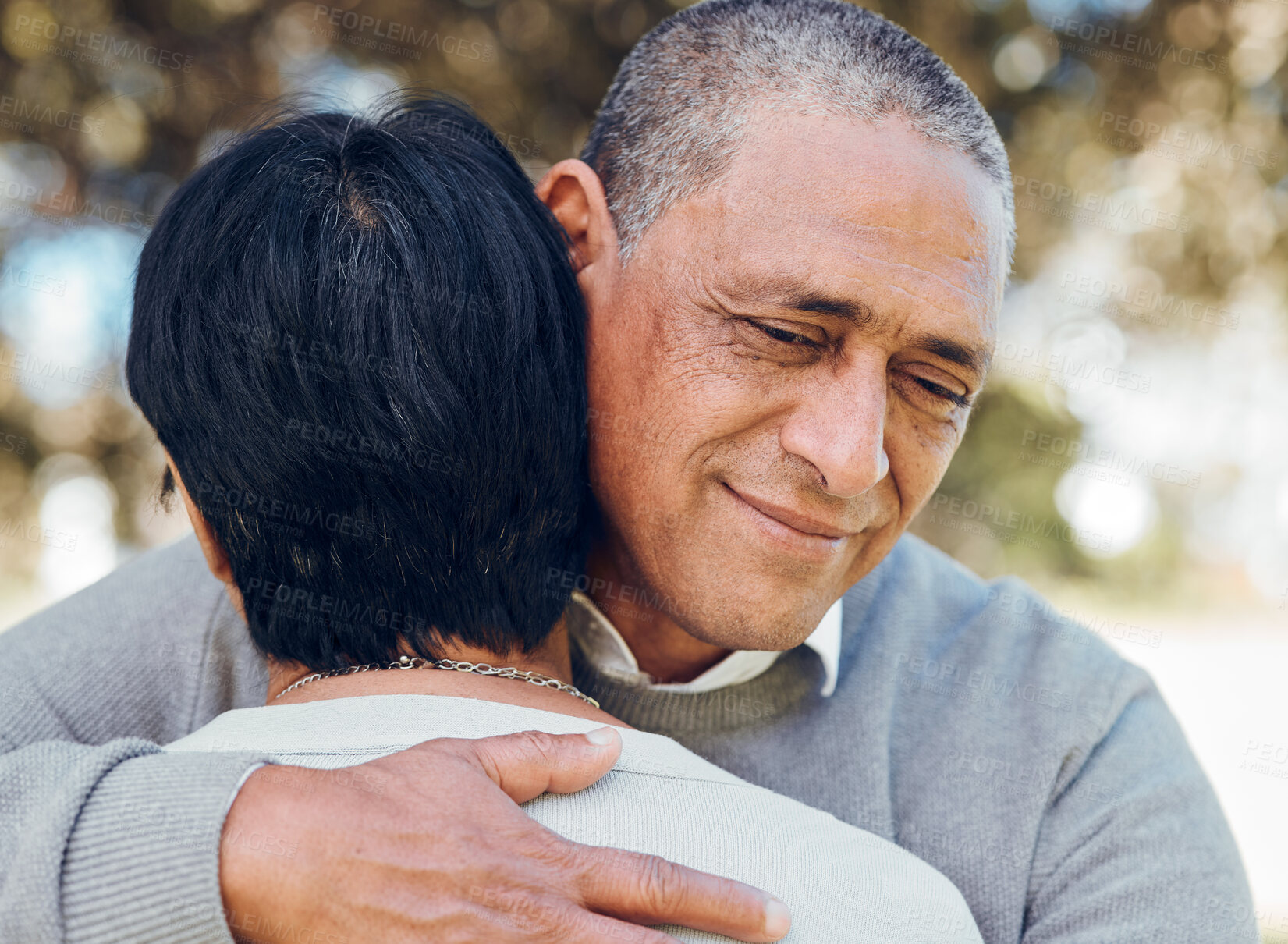 Buy stock photo Senior couple outdoor, hug and love with smile, support and trust with bonding and marriage. Life partner, retirement together and romance, people in garden or park with healthy relationship and care