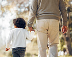 Back, holding hands or kid with a grandfather in park for walking or bonding together family care. Parent, kindness or senior man with a child for support, trust or loyalty in nature garden for love