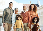 Parents, children and grandparents in portrait, backyard or smile together for love, bonding or outdoor in sunshine. Mother, dad and kids in interracial big family, happy or excited at holiday house