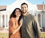 Portrait, couple and hug outdoor of new house, real estate and happy for moving to residential property. Man, woman and homeowner smile in garden for investment, mortgage loan and dream neighborhood 