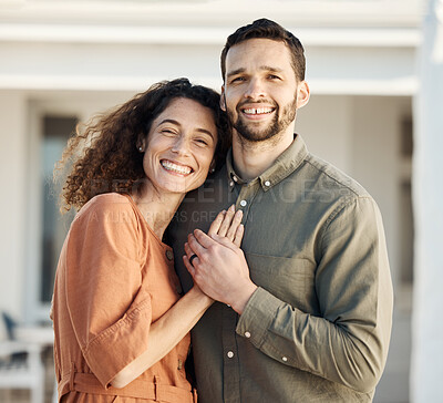 Buy stock photo Couple, hug and happiness outdoor in portrait, love and care with bonding, support and trust in a marriage. Life partner, laughing together and holding hands, people at home with respect and romance